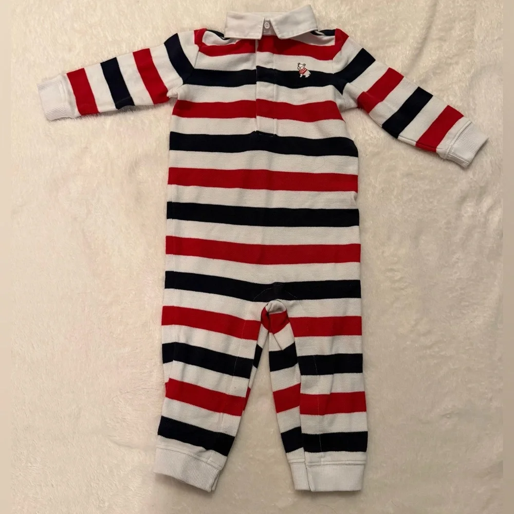 JANIE AND JACK Boys 12-18M One Piece Striped Long Sleeve Romper With Dog Emblem